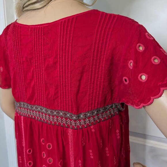 Johnny Was Dress Women's Small Red Eyelet Embroidered Scalloped V-Neck Babydoll - Picture 12 of 16